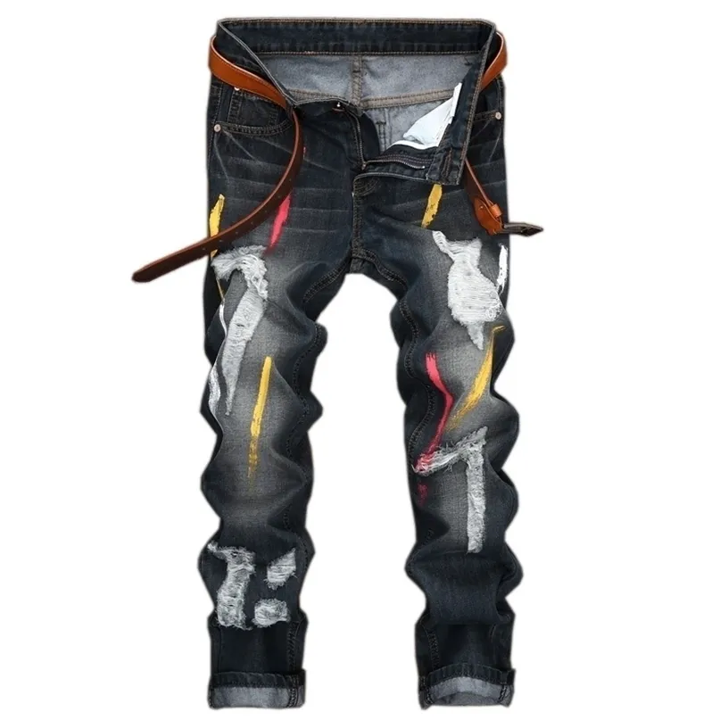 Men ripped jeans fashion Painted Biker slim fit stretch black Hole Offset printing Distressed Jeans 220328
