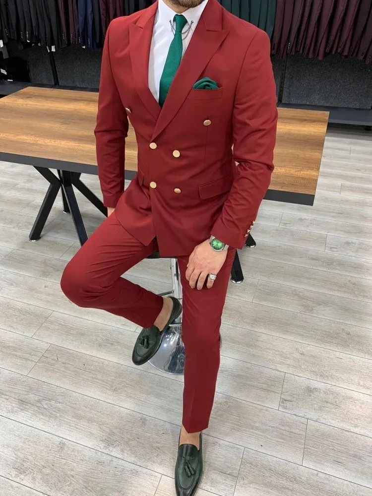 Men's Suits & Blazers Fashion Burgundy Red Suit 2 Piece For 2022 Double Breasted Blazer Sets Men Jacket Slim Fit Evening Party Prom WeddingM