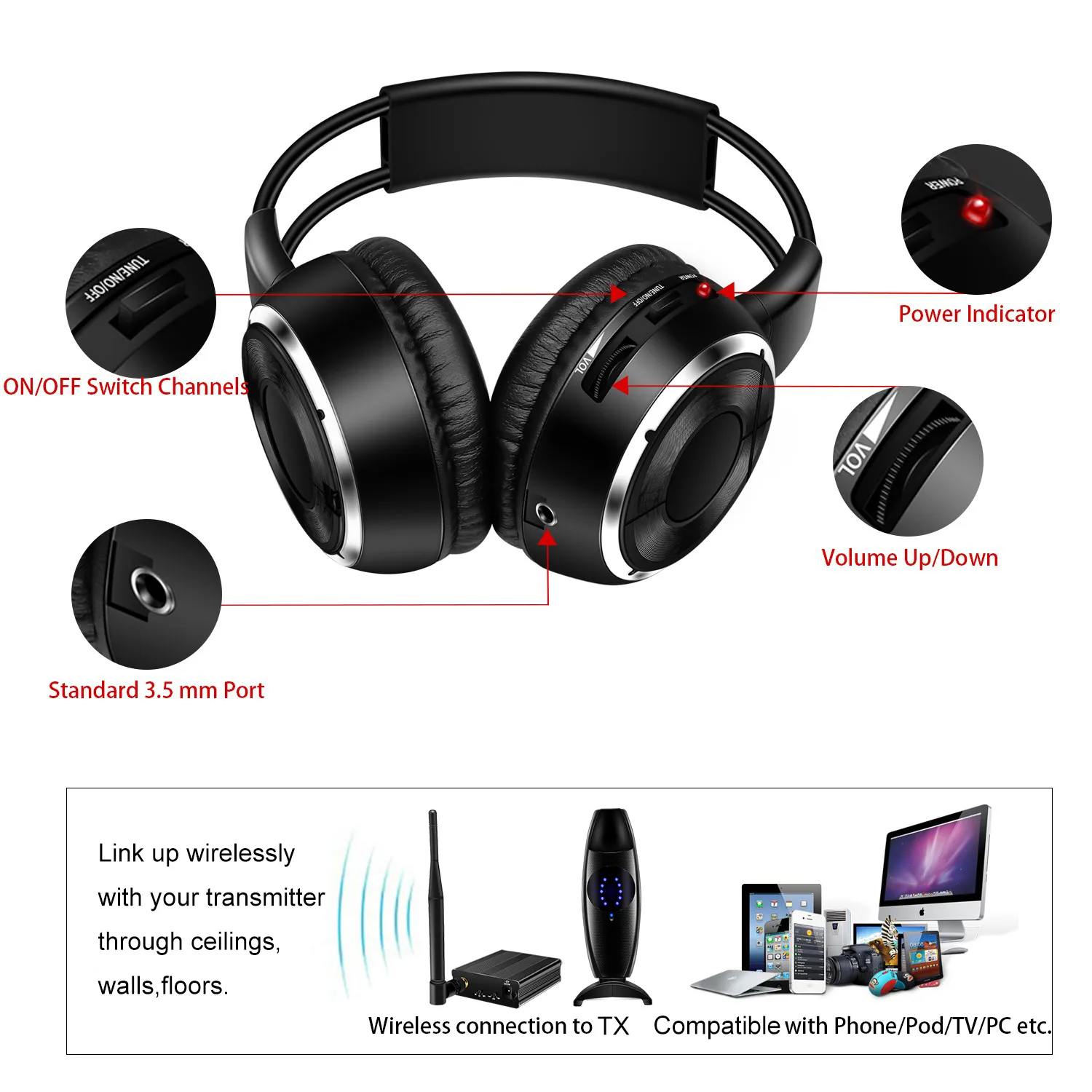 Professional Silent Disco 4 Folding Headphones 2 Channels 200m