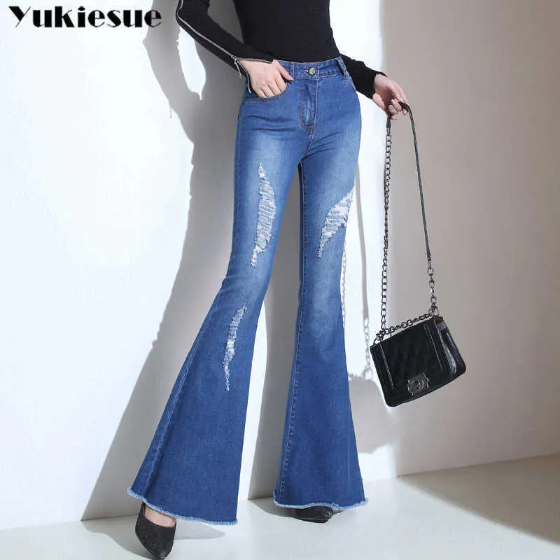 Kvinna jeans hög midja rippade för kvinnor kläder sommar flare denim blå streetwear mode vintage byxor plus storlek 210608