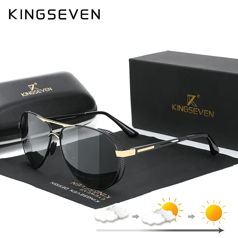Kingseven Aluminiowe okulary przeciwsłoneczne Pochromic z spolaryzowanym soczewką w stylu steampunki wędkarstwo Słońce Mężczyzn Gogle 220511