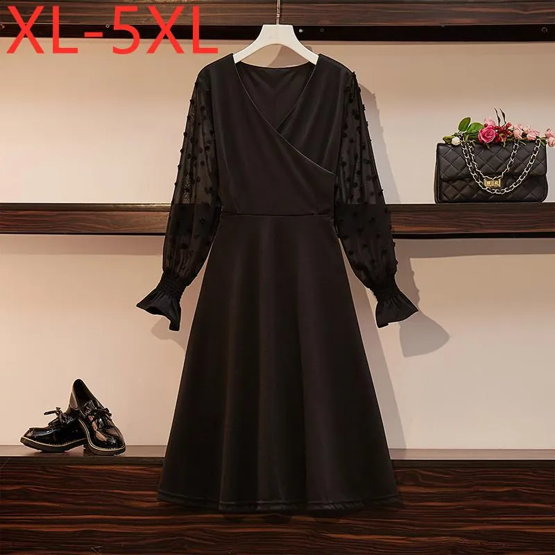 Plus Size Vestidos Elegante Fit Peso 50-100Kg para Mulheres 2022 Outono Pescoço V-Pescoço Vestido Preto Oversized XL 2XL 3XL 4XL 5XL