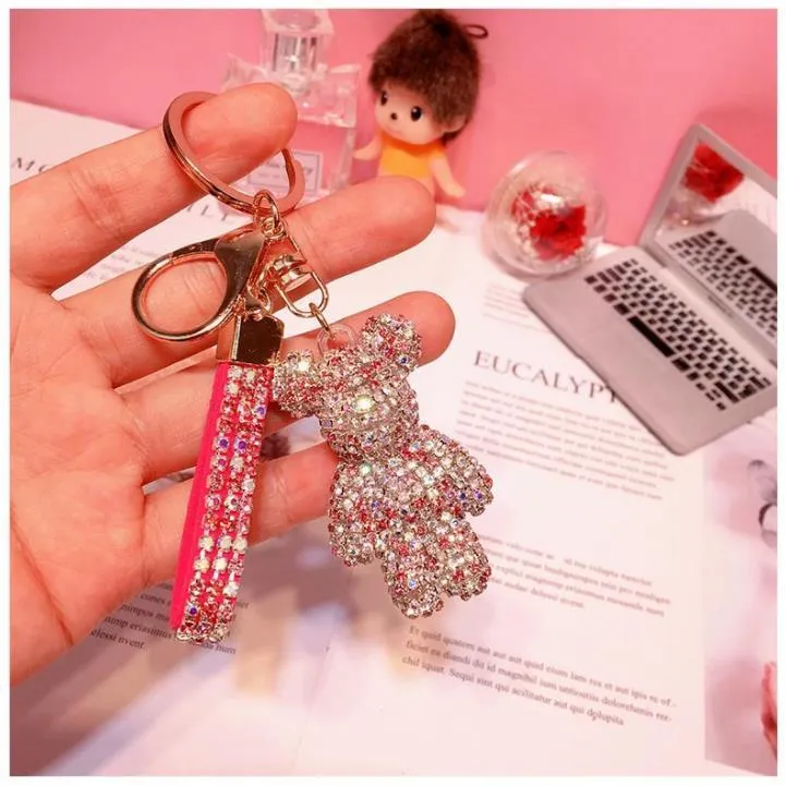 Party Favor Key Ring PVC Keychain DIY Craft Cartoon Bear Handmade Rhinestone Crystal Key Chains Charm Pendant Keychains For Women Gifts SN4873