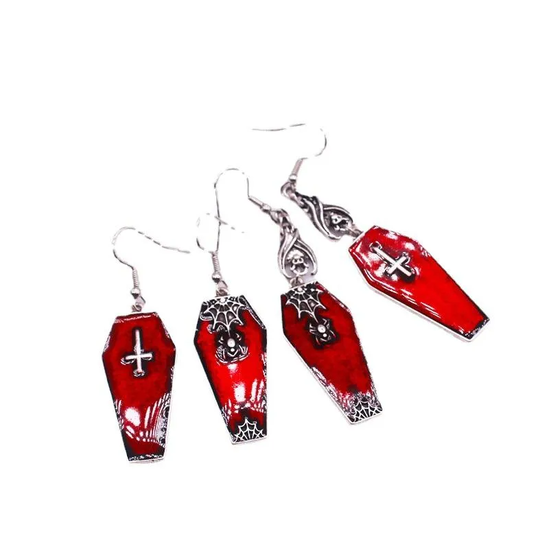 Bengelen kroonluchter gotische kist rood druipend olie spin web kruis vleermuis oorbellen voor vrouwen Halloween drop goth -sieraden accessoires cadeausdang