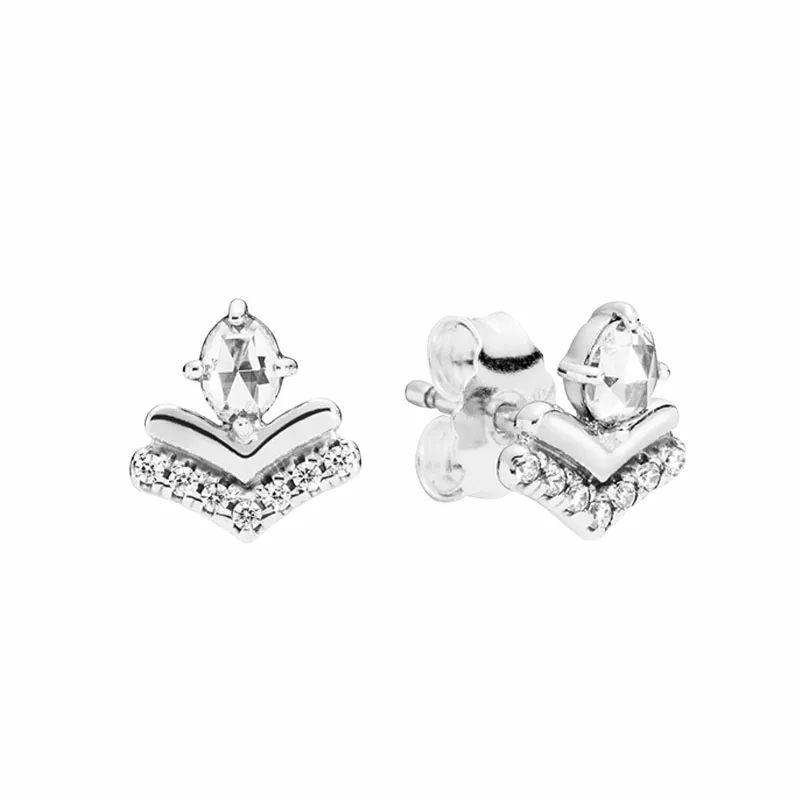 CZ Diamond Wishbone Stud Earrings 여성 결혼 선물 디자이너 보석 오리지널 박스 세트 Pandora 925 Stelring Silver Earrings