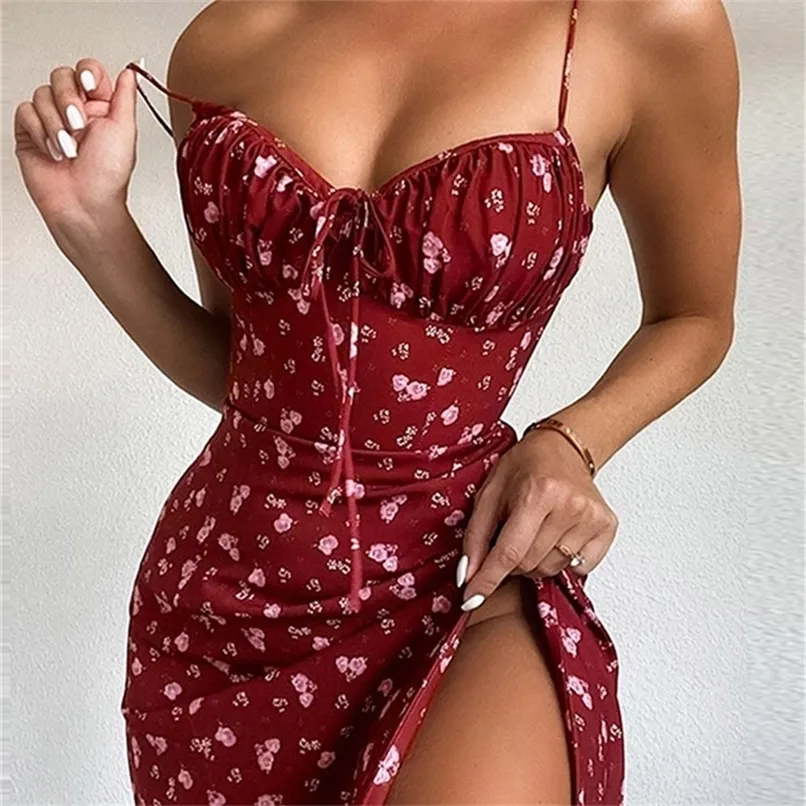 Glamaker Floral Impressão Sexy Bodycon High Split Dress Mulheres Mangas Sem Mangas Curto Vestido Clube de Partido Elegante Rossless Vestidos 220406