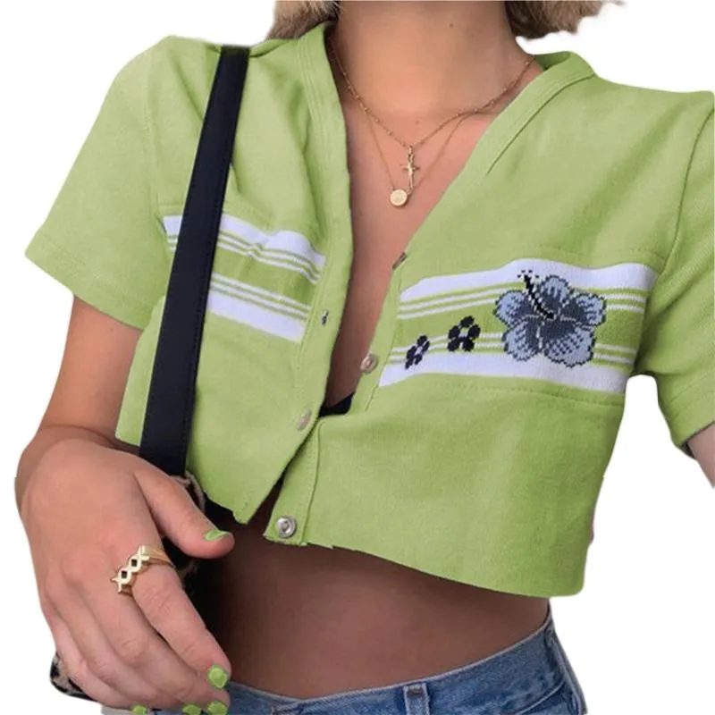 Tricot féminin t-shirts d'été boutonnière de crop tops crops sexy v cou de cou à manche courte à manches florales tricot tricot tricot