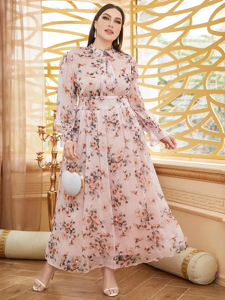 Pink Floral Maxi Dress for Women Long Sleeve Elegant A Line Evening Party Dress Polyester Plus Size