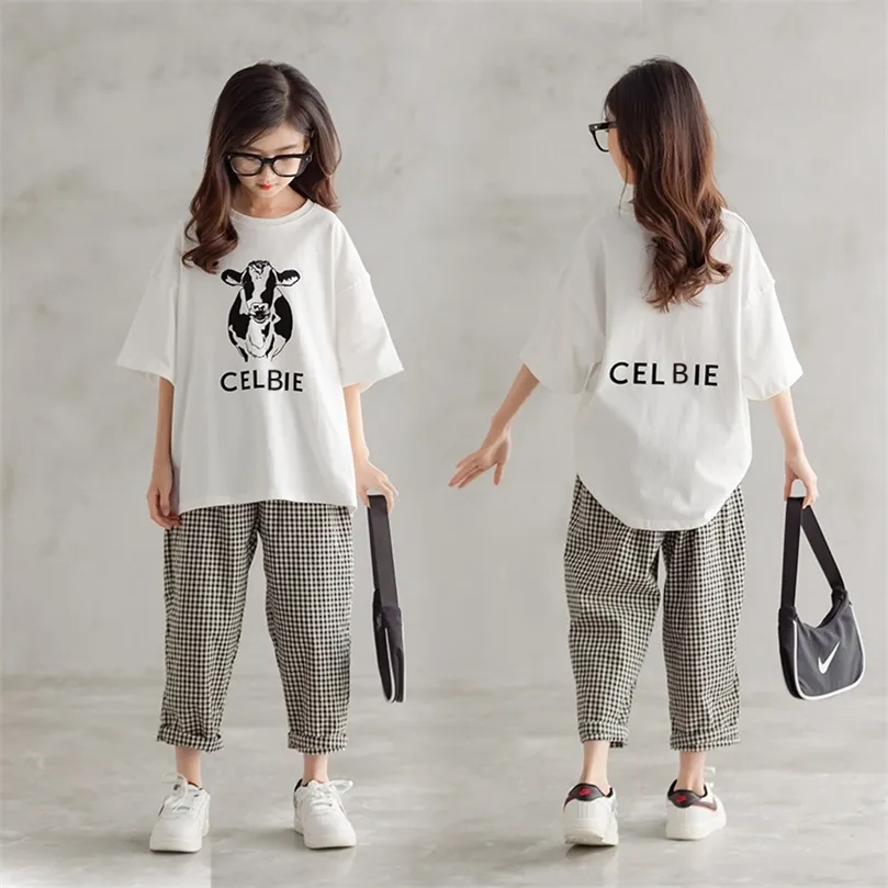 Vêtements d'été pour filles tenue dessin animé T-shirt avec pantalon à carreaux deux pièces ensemble coréen décontracté coton costumes adolescent vêtements 220507