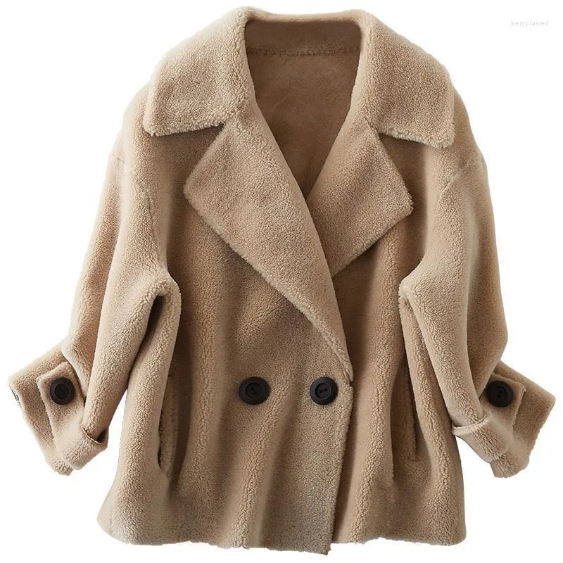 Women's Wool & Blends 2022 Lapel Sheep Shearing Leather And Fur Loose Coat Woman Short Fund Temperament Pure Overcoat Bery22