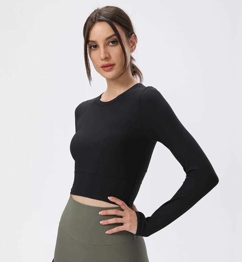 lu-893 Designer-Yoga-Crop-Top-Outfits, langärmelig, leicht, atmungsaktiv, T-Shirt, gerippt, halber Rücken, Sportshirt, Laufen, Fiess, Fitnessstudio, Kleidung, Damen, enge, kurze Tops