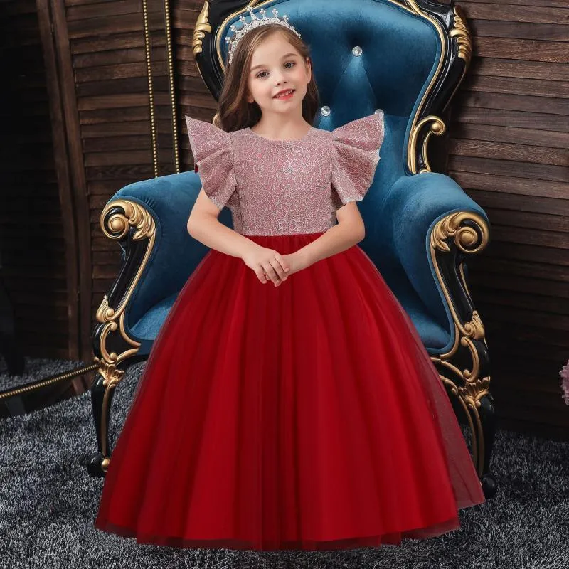 Robes de fille BH-338 # robe de bal col rond fille de fleur longue robe pour enfants spectacle de gros défilé soirée arc RedGirl's