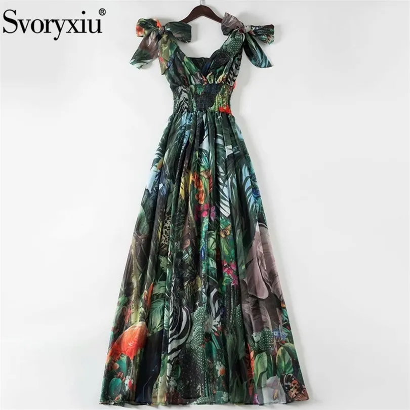 Svoryxiu Runway Femmes Summer Plus Taille Robes longues Taille élastique Deep V-Col Forest Animal Print Mousseline de mousseline de vacances Maxi Robes 210302