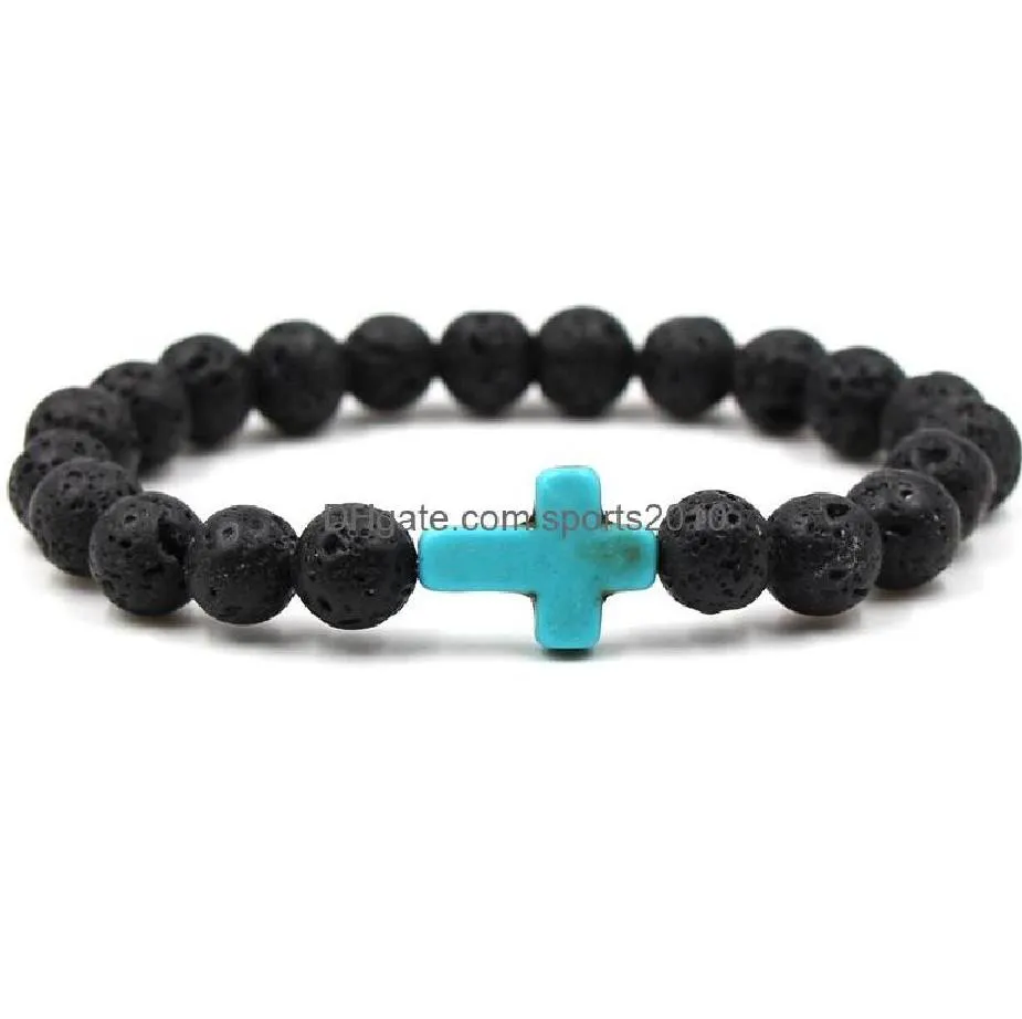 8mm black stone beads cross charms elastic strand bracelet bangle for women men jewelry sports2010