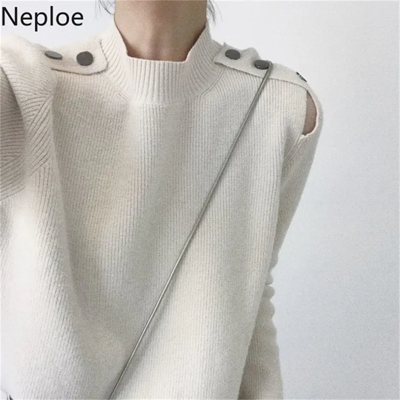 Neploe Autumn Winter O szyja Sweter Sweter Kobiety Solidne z długim rękawem przycisk ramion Pull Femme Knit Cross Top 46827 201225