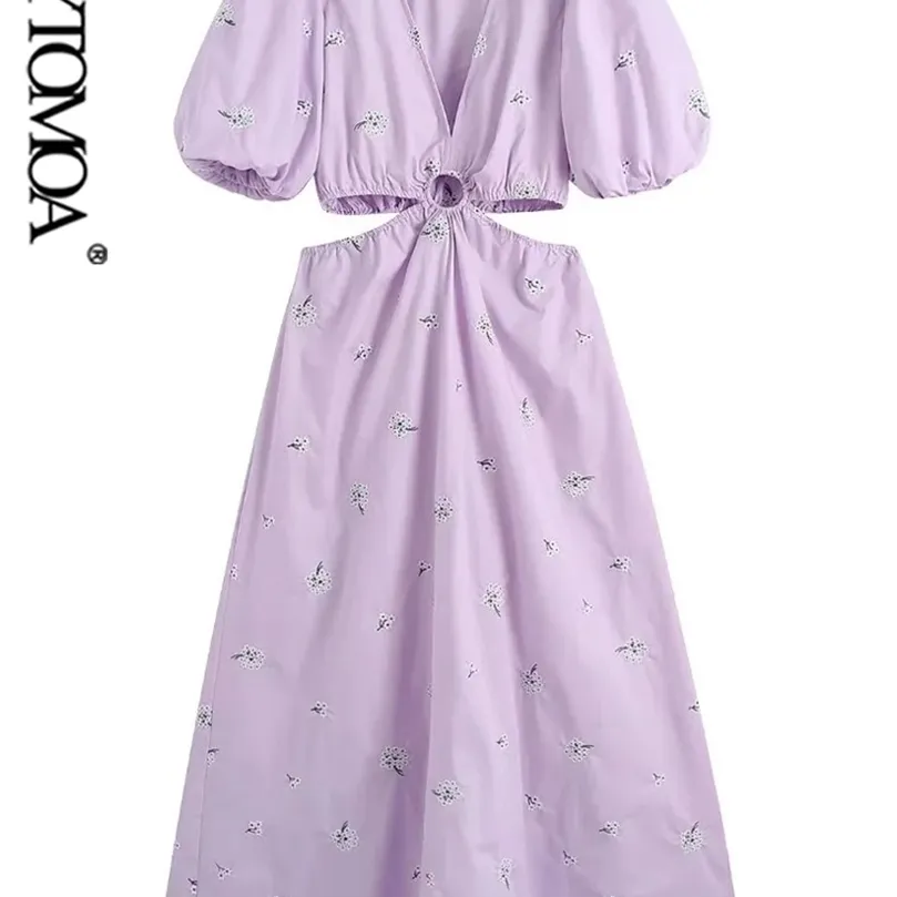 KPYTOMOA Kobiety moda kwiat haftowa poplin pusta sukienka midi vintage puff rękawa bez pleców sukienki żeńskie vestidos 220510