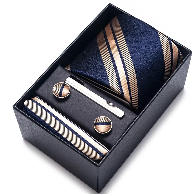 Silk Brand Tie Handkerchief Cufflink Set Necktie Holiday Gift Box Mans Blue Gold Suit Accessories Slim Cravat Wedding Gravatas 220810