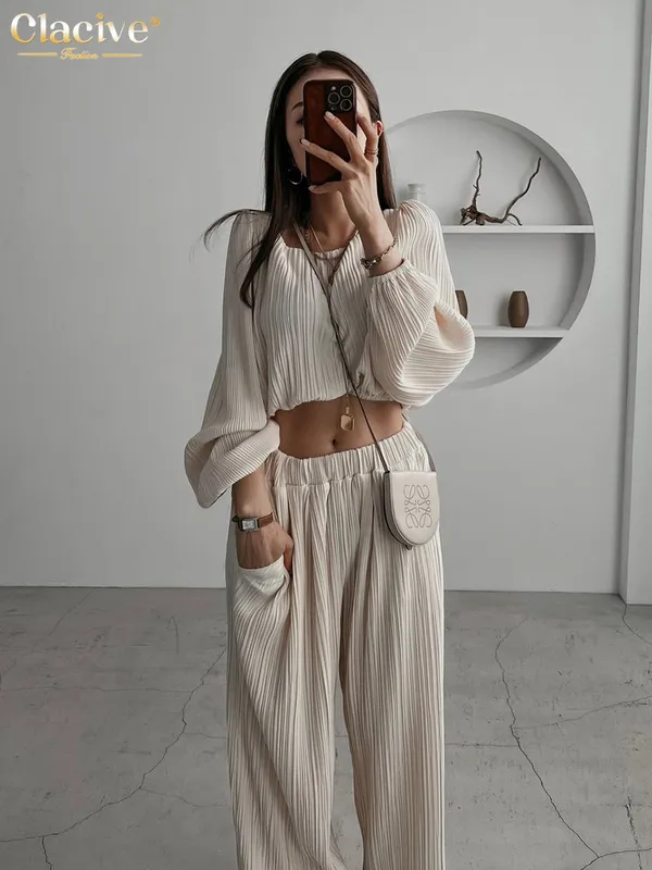 Clacive Sexy Beige Crop Shirts Womens Two Peice Sets Casual Loose Pleated Pants Set Female Summer High Waist Wide Trouser Suits 220511