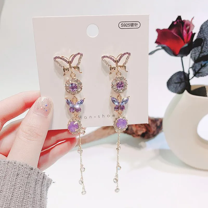 Dangle & Chandelier Korean Shiny Butterfly Rhinestone Drop Earrings For Women Elegant Pearl Tassel Pendientes Party JewelryDangle