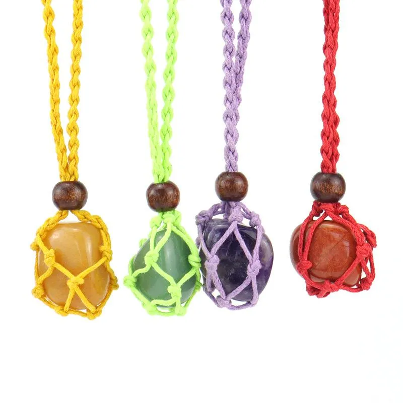 Pendentif Colliers 12pcs Collier réglable Cordon Porte-pierre vide Corde de couleur Naturel Quartz Cristal Chakra Guérison Net Sac PendentifPendentif