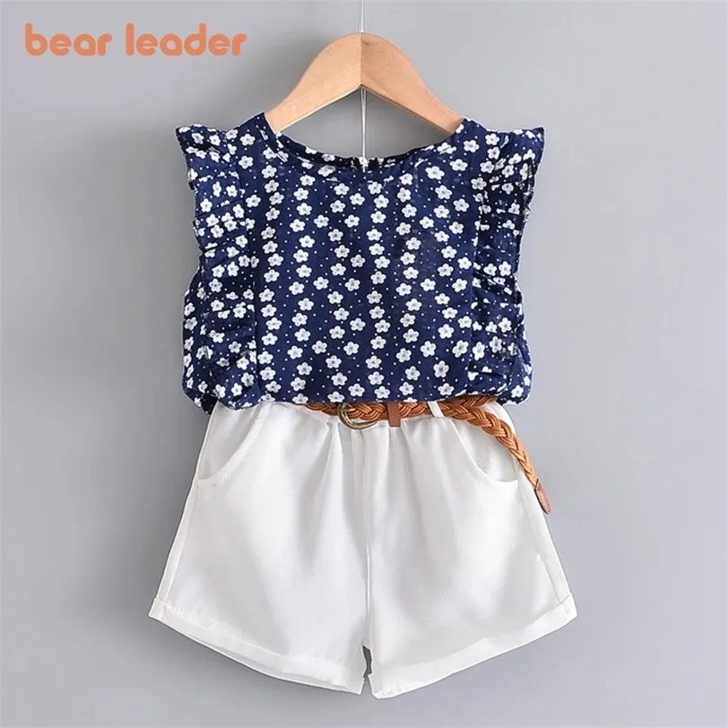 Beer leider zomer casual kinderen sets chiffon bloemen blauwe t-shirt broek meisjes kleding kinderen ingesteld voor 3-7 jaar 220326