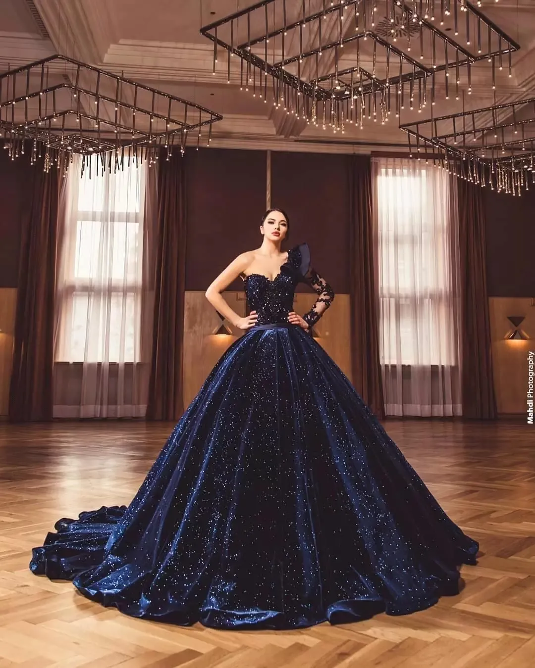 Navy Velvet Ball Gown Quinceanera Dress with Crystals Beading Long Sleeve Court Train 2024