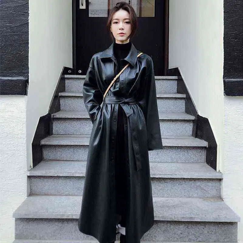새로운 한국의 푸 트렌치 여성 패션 느슨한 얇은 긴 슬리브 코트 여자 가을 긴 가죽 재킷 L220728