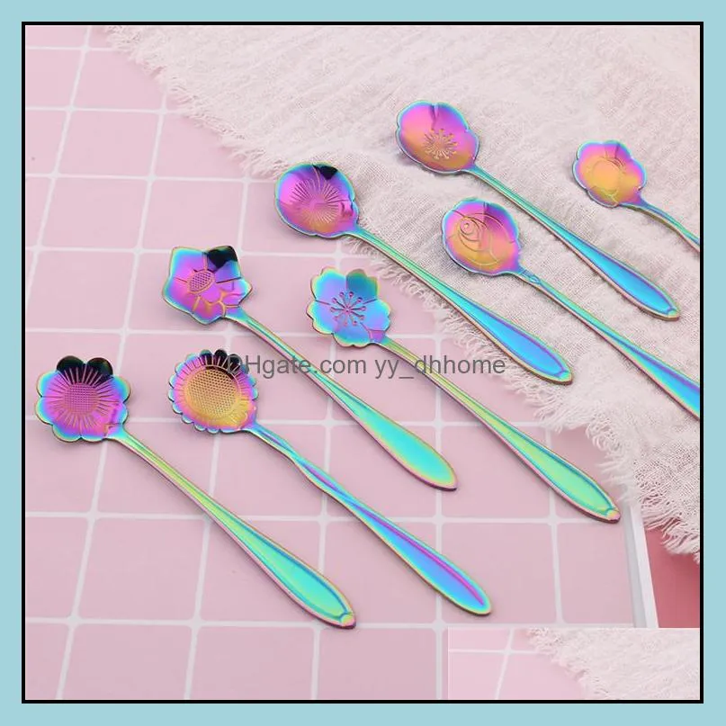 black rainbow spoons flower dessert coffee spoons stainless steel sugar spoons cutlery 8 designs for choosing