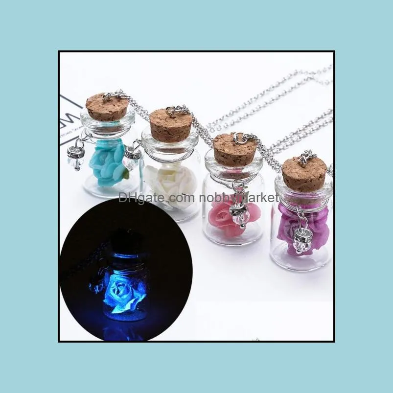 Silver Necklace Luminous Wishing Bottle Glass Crystal Necklaces Pendants Flower Jewelry Accessories Luminous Gem Pendant for Women