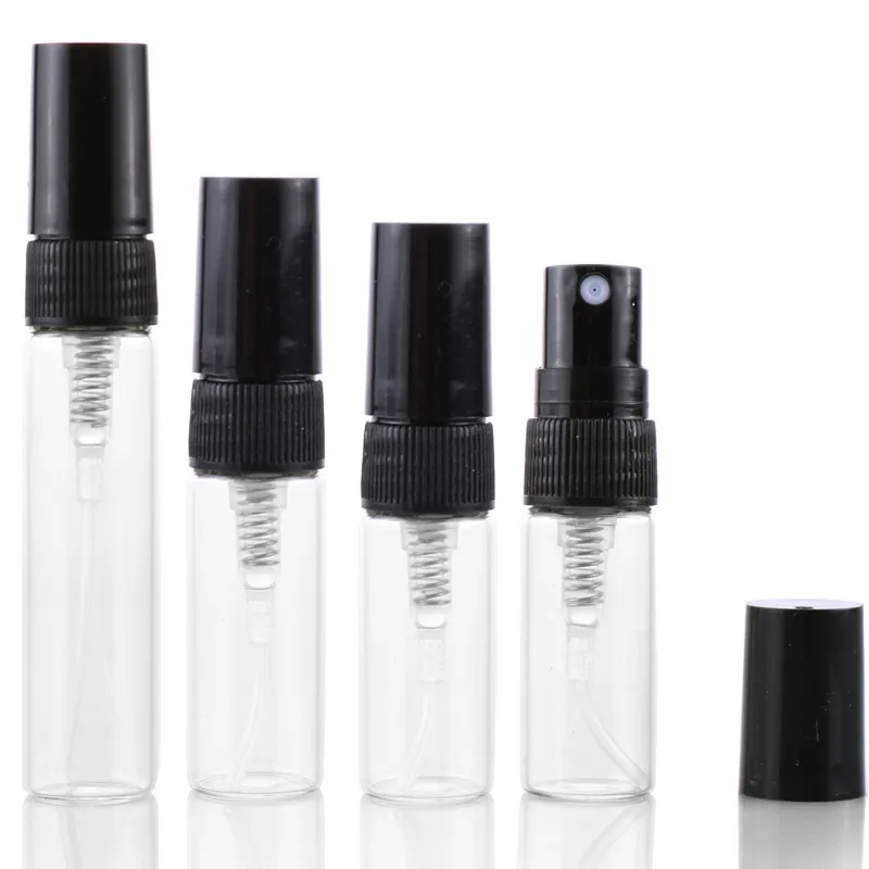 Szklane puste perfumy sprayu sprayu 2,5 ml 3 ml 5 ml czarna plastikowa pokrywa naciśnięcie rozpalania przenośna małe próbki fiolki