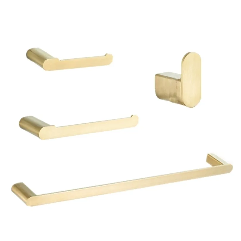 4-Piece Bath Set SUS304 Sstainless Steel Single Towel Holder Brushed Gold Hook Bathroom Accessories Toilet Roll Paper Holder T200425