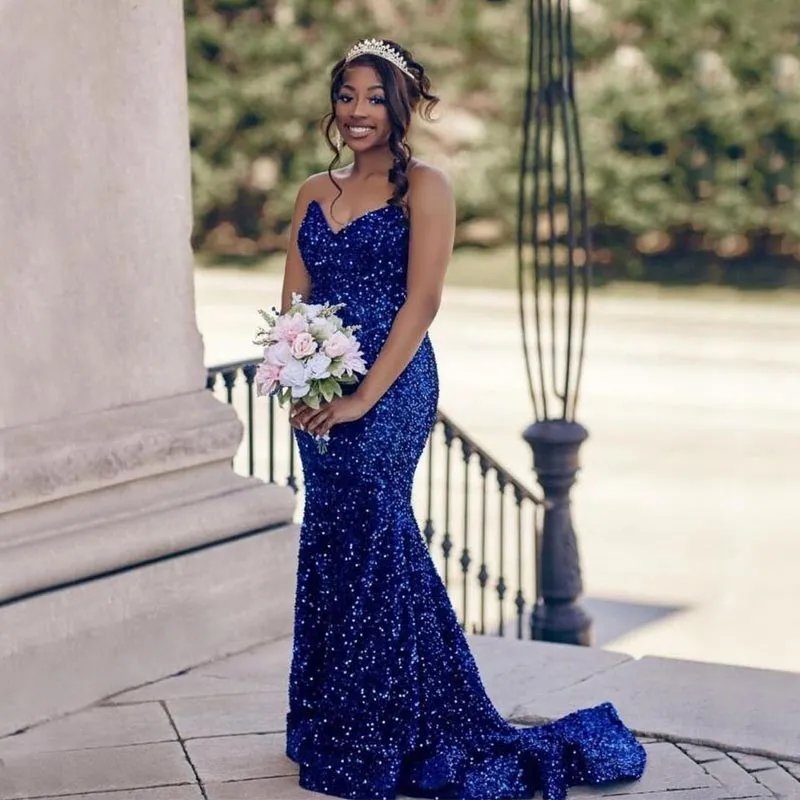 Sparkly Navy Prom Dresses sjöjungfru Stropplös halsringning Sekvenserad aftonklänningar sveptåg plus storlek speciellt tillfälle formellt slitage