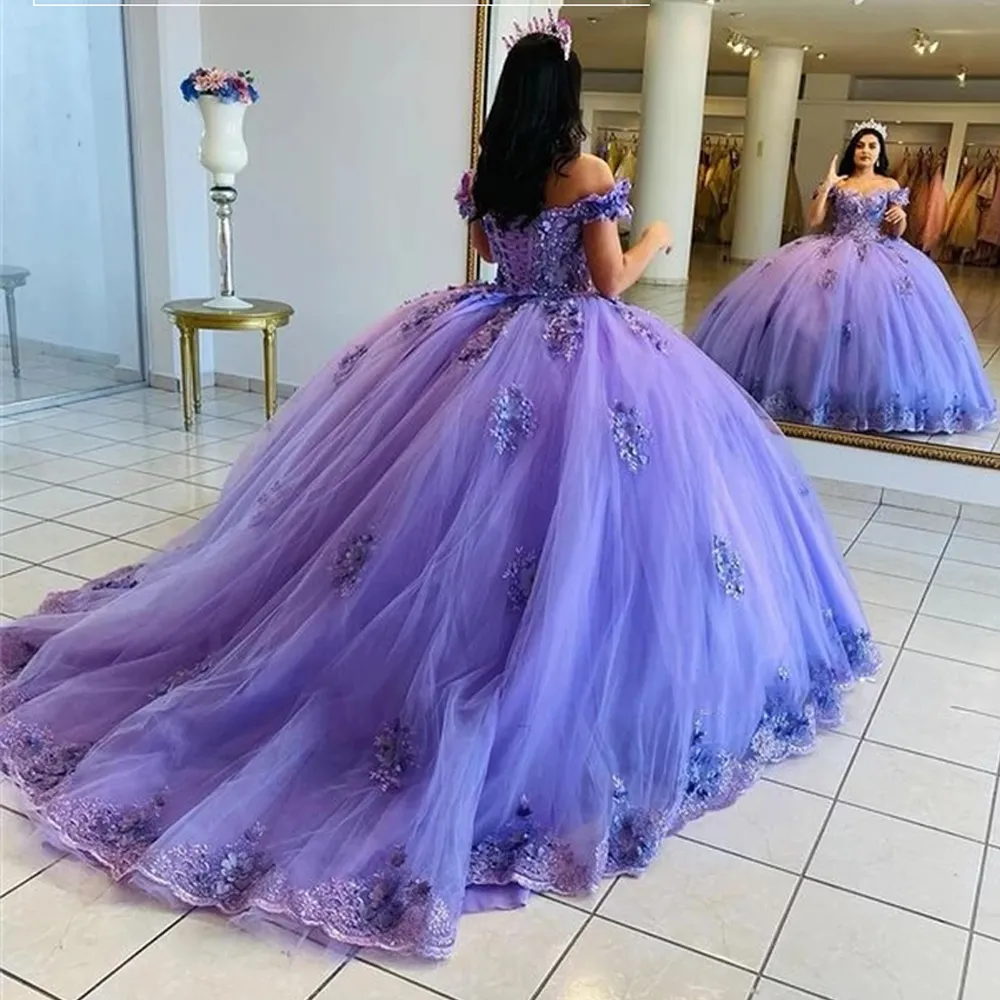 Purple Quinceanera sukienki z ramionowej sukni balowej sukienka balowa 3d kwiatowa księżniczka Słodka 15 sukienka imprezowa vestidos de dal 2024 Brithday koronki luksusowe zużycie zaręczynowe