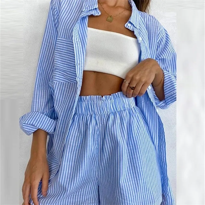 Frauen Blau Streifen Druck Zwei Stück Sets Lose Langarm-shirt Tops Shorts Set Weibliche Hause Kleidung Sommer Outfits 220616