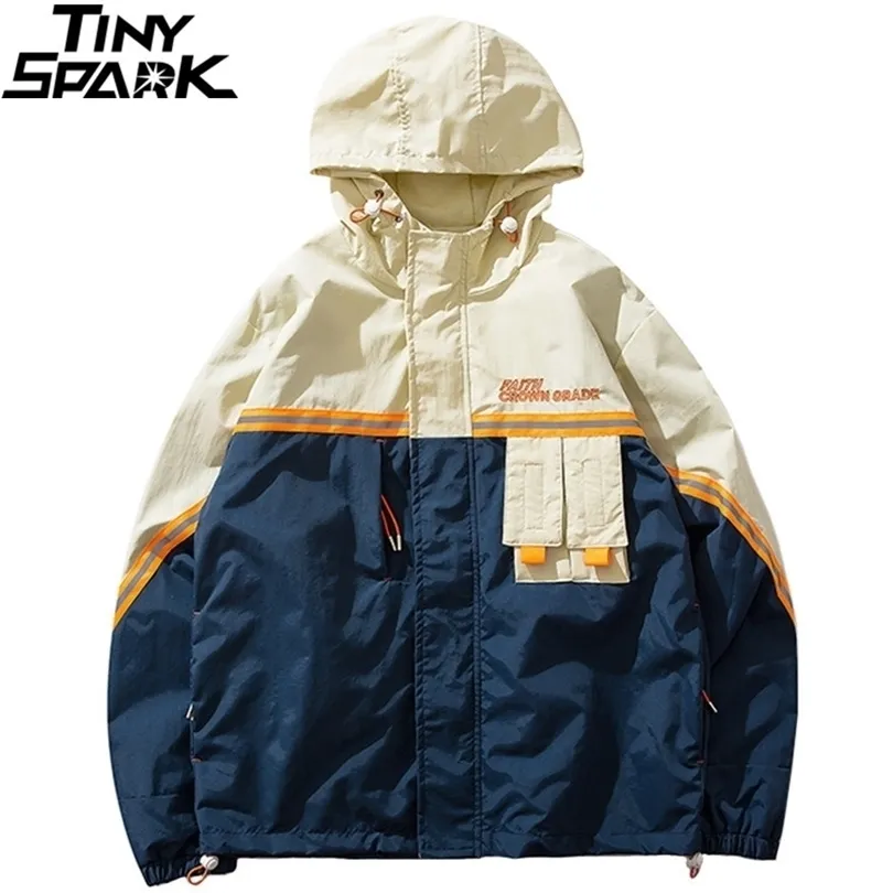 Spring Harajuku Hooded Jacket Men Hip Hop Streetwear Retro Jacket Windbreaker Vintage Color Block Track Jacket Coat Hoodie T200117