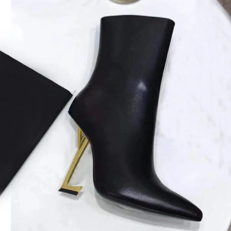 autumn winter zipper heeled heel boots fashion sexy 100% leather black woman boot pointed Metal women designer shoes lady Thick high heels Large size 35-41 Top quality