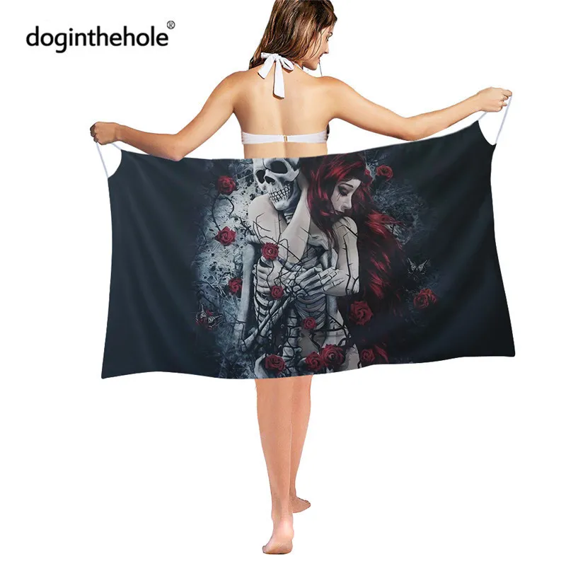 Doginthehole Skeleton Printed Cover Ups For Swimwear Women Chiffon Gothic Sarong Beach Warp Sunscreen Beach Outing Teen Girls 220705