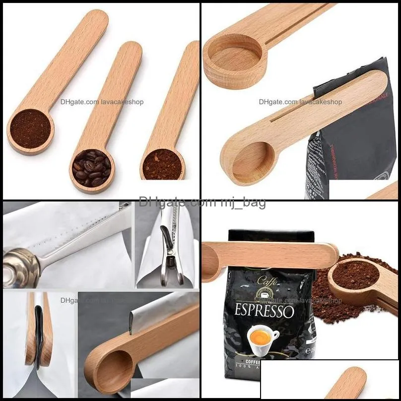 Spoons Flatware Kitchen Dining Bar Home Garden Spoon Wood Coffee Scoop With Bag Clip Tablespoon Solid Beech Wooden Measuring Scoops Tea