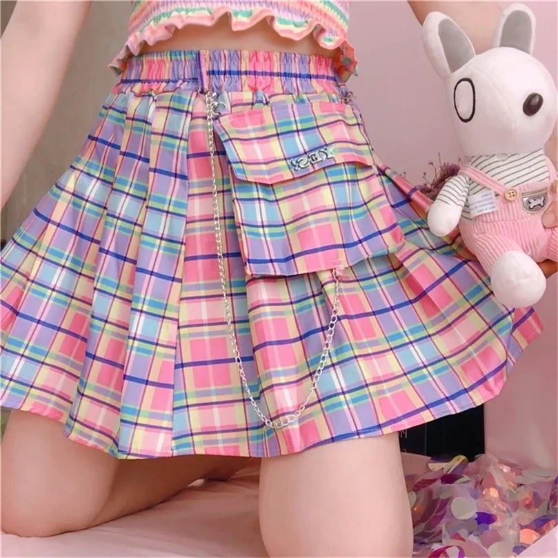 Summer Plaid Y2K Kawaii Pink Woman Mini Gonne Aesthetic A Line Legato harajuku Rainbow Gothic Rainbow Sexy Club Womens Gonne 220701