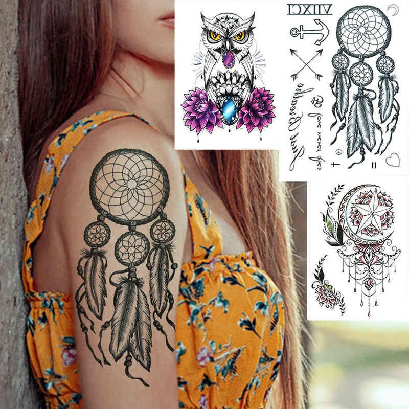 NXY Tatuaggio Temporaneo Grande Acchiappasogni Tatuaggi per Donne Gufo Fiore Luna Adesivo Nero Falso Tatuaggi Carta Piuma Acchiappasogni 0330