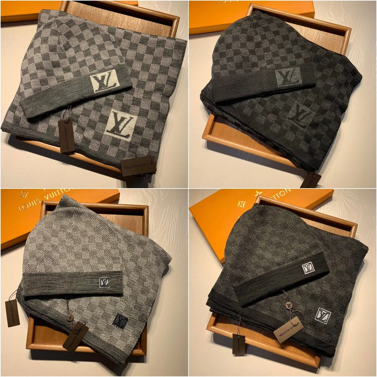 LV Dupe Wool Hat Scarf Sets Scarves For Men And Women 2 Style Black And
