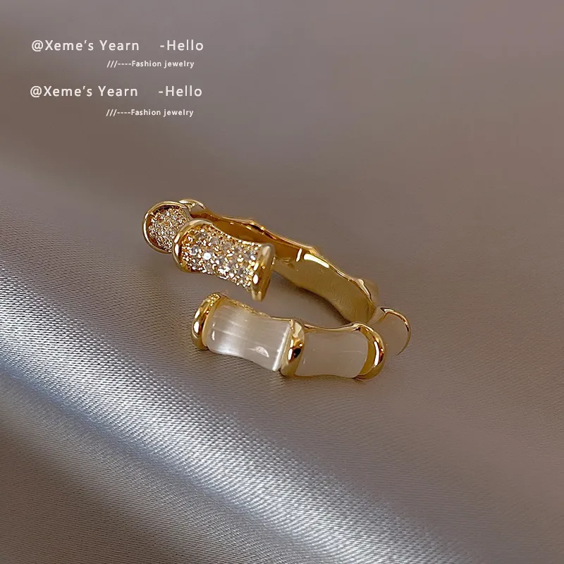 Design Opals Bamboo Shape Gold Colour Adjustable Rings Korean fashion Jewelry Party Luxury Accessory For Womans Gift 220719