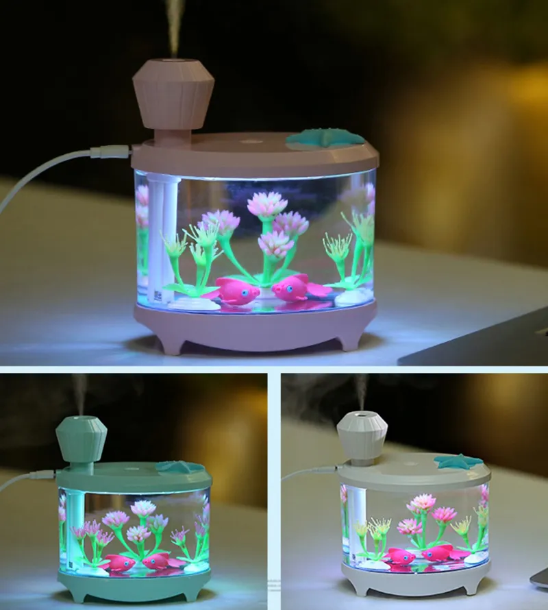 Humidificateurs lumineux pour la maison, humidificateur d'aquarium avec lumière douce, lumières LED changeantes, arrêt automatique sans eau, pour chambre à coucher, maison, voiture, bureau