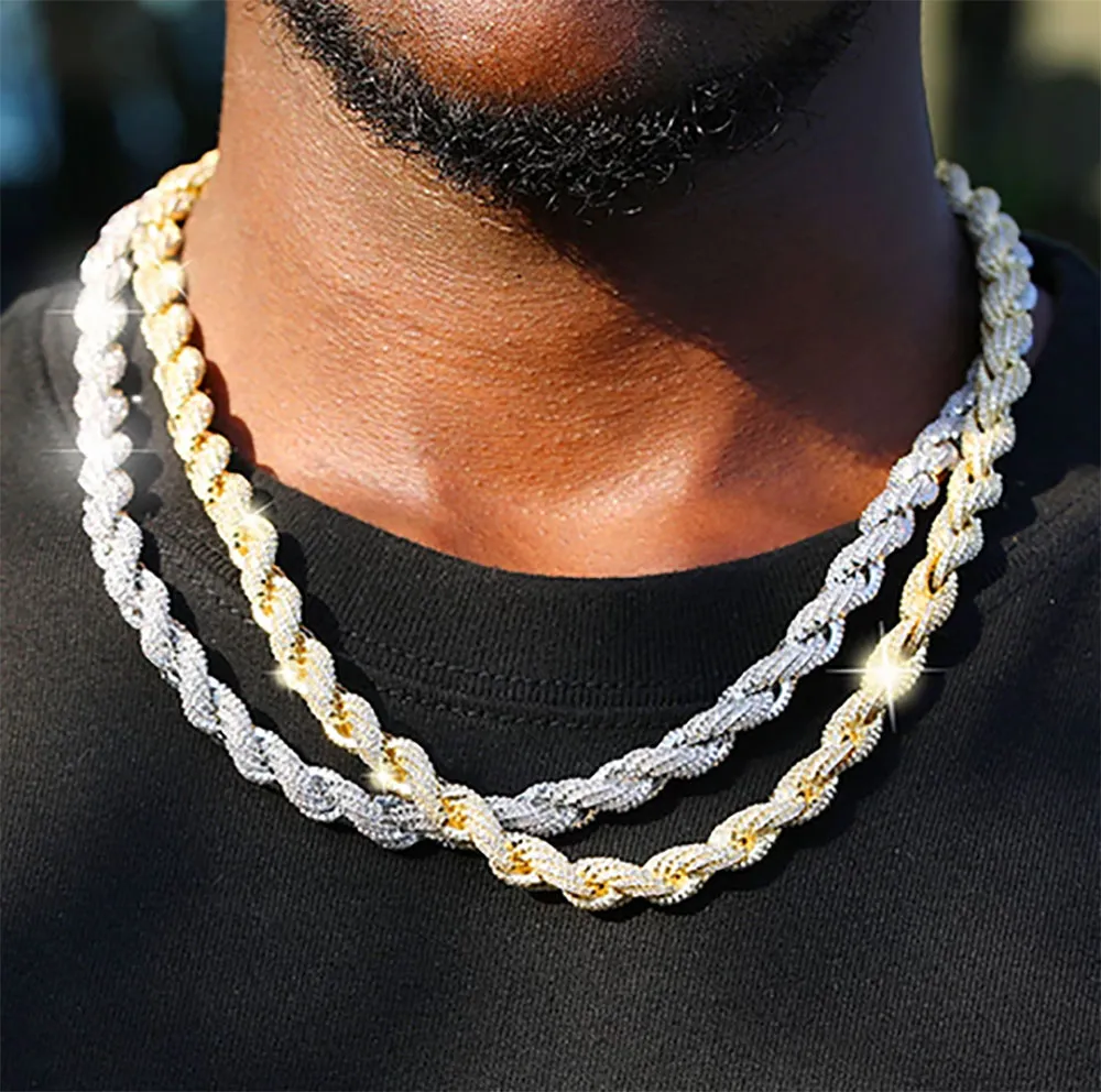 8mm Iced Out Rope Chain Spring Buckle Necklace for Men 14K Gold Plated Cubic Zirconia Hip Hop Jewelry