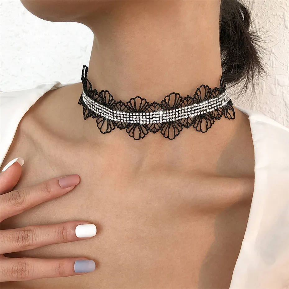 Lace Choker Gothic Necklace Bohemia Lace Gothic Choker Necklace Women  Vintage Black Crystal Necklaces