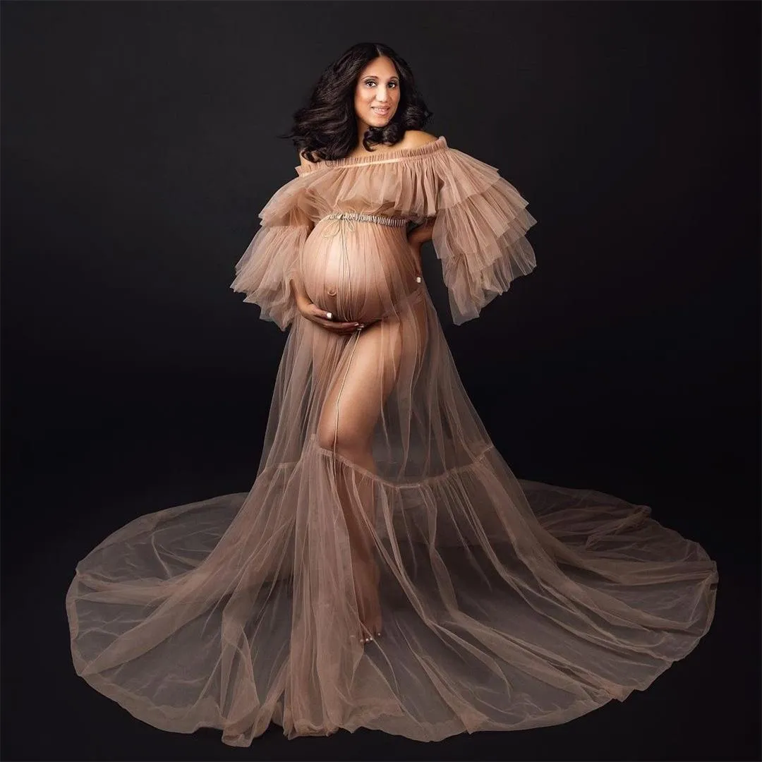 Les robes de bal des femmes hors épaule pour baby shower 2022 Long Voir à travers la taille de la maternité élastique Robe de tournage