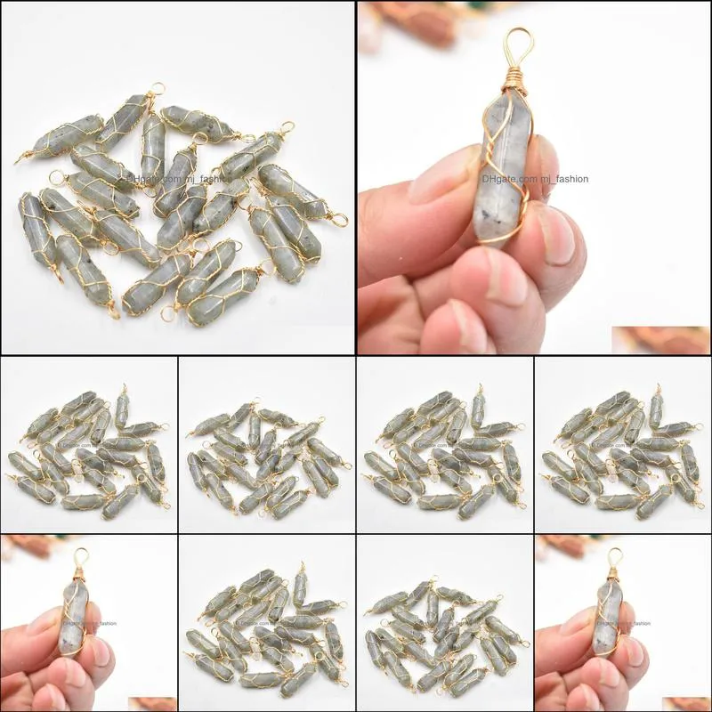 gold wire natural stone labradorite charms hexagonal healing reiki point pendants for jewelry makin mjfashion