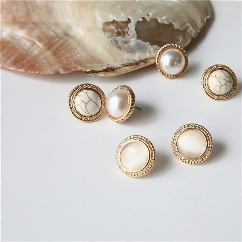 Stud Vintage Round Marble Opal Stone Big Earrings For Women Fashion Temperament Simulated Pearl BrincosStud Farl22