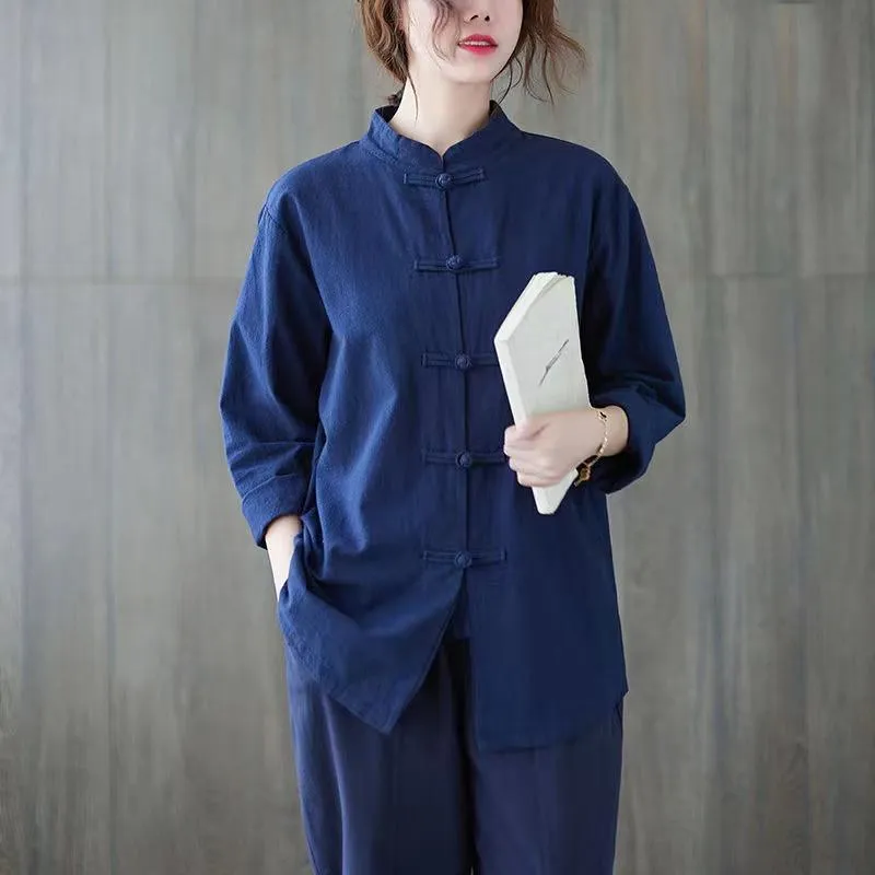 Abbigliamento etnico maniche lunghe Lince Spring Autumn Cotton Linen Retro Buckle Ladies Tops Case in stile Cinese Scempimento Tai Chi Women's