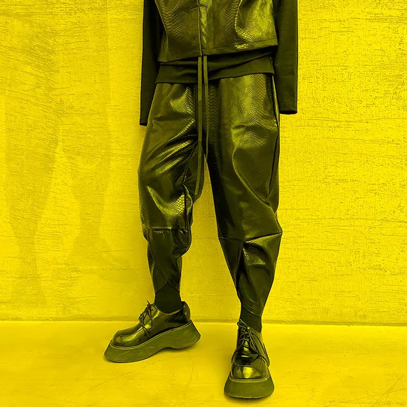 Erkekler Pantolon Erkek Japon Sokak Giyim Yılan Hinisi Desen Gündelik Ayak Bileği Uzunluk Deri Pantolon Moto Siyah Punk Gotik Harem Pantmen